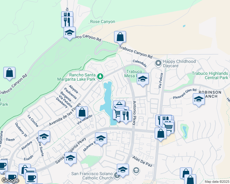 map of restaurants, bars, coffee shops, grocery stores, and more near 37 Calle Melinda in Rancho Santa Margarita