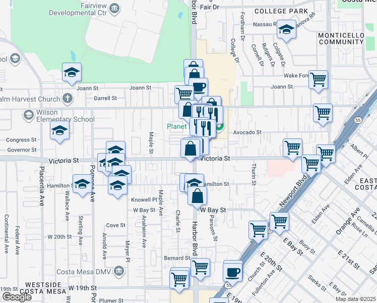 map of restaurants, bars, coffee shops, grocery stores, and more near 2165 Harbor Boulevard in Costa Mesa