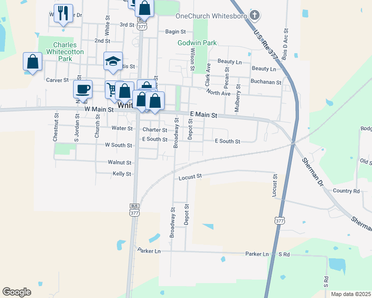 map of restaurants, bars, coffee shops, grocery stores, and more near 313 Depot Street in Whitesboro