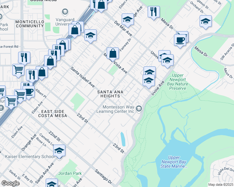 map of restaurants, bars, coffee shops, grocery stores, and more near 2430 Santa Ana Avenue in Costa Mesa