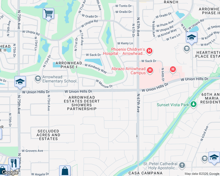 map of restaurants, bars, coffee shops, grocery stores, and more near 6845 West Union Hills Drive in Glendale