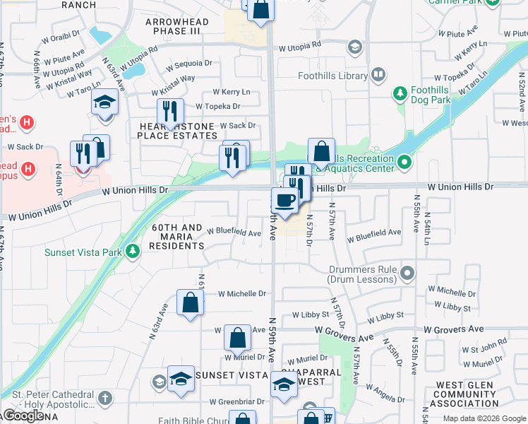 map of restaurants, bars, coffee shops, grocery stores, and more near 18387 North 59th Drive in Glendale