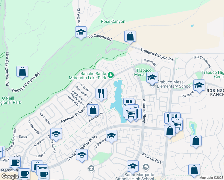 map of restaurants, bars, coffee shops, grocery stores, and more near 28 Vista-Lago in Rancho Santa Margarita