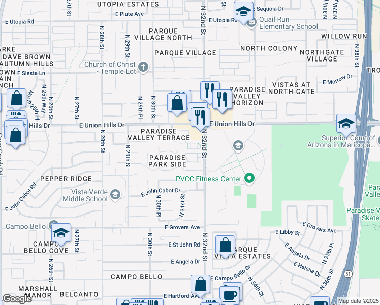 map of restaurants, bars, coffee shops, grocery stores, and more near 18217 North 31st Street in Phoenix