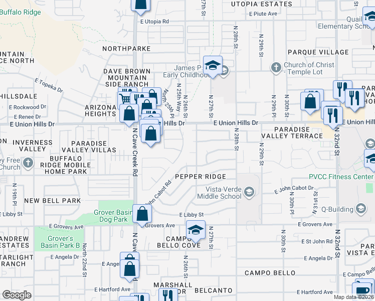 map of restaurants, bars, coffee shops, grocery stores, and more near 18224 North 26th Street in Phoenix