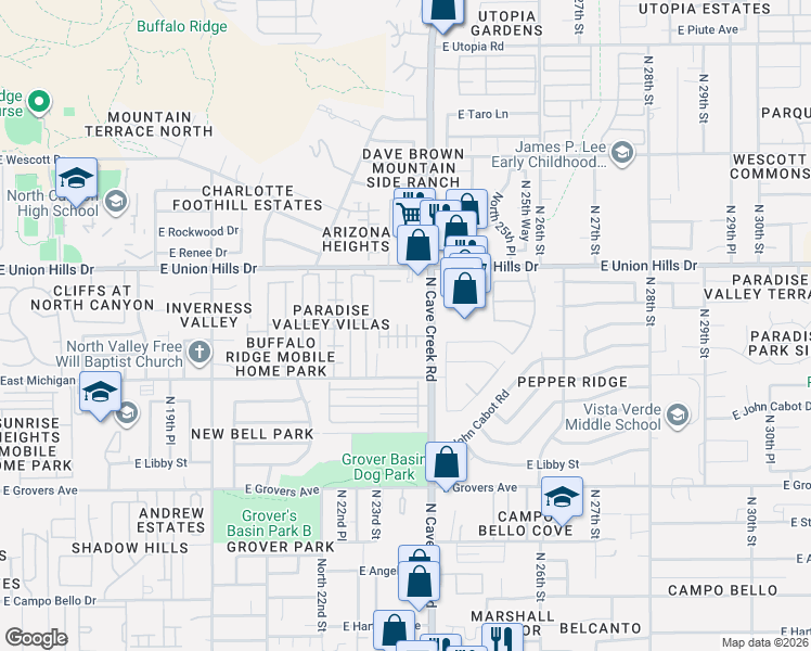 map of restaurants, bars, coffee shops, grocery stores, and more near North 23rd Street in Phoenix