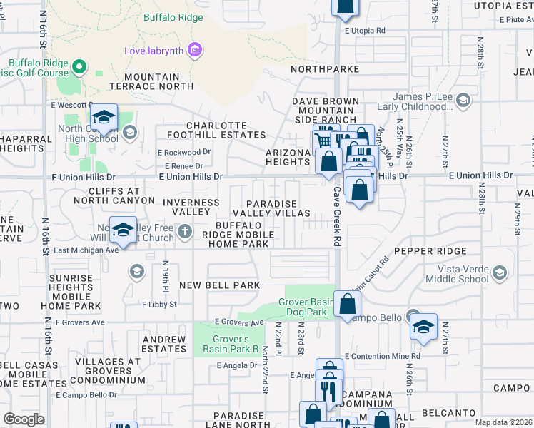 map of restaurants, bars, coffee shops, grocery stores, and more near 2221 East Union Hills Drive in Phoenix
