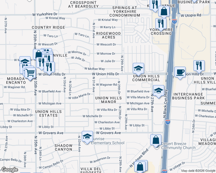 map of restaurants, bars, coffee shops, grocery stores, and more near 2952 West Bluefield Avenue in Phoenix