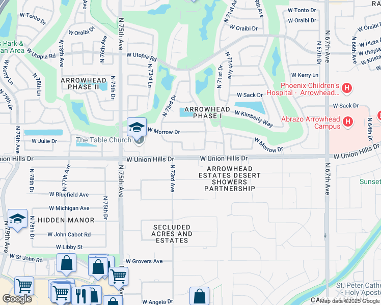 map of restaurants, bars, coffee shops, grocery stores, and more near 7227 West Union Hills Drive in Glendale