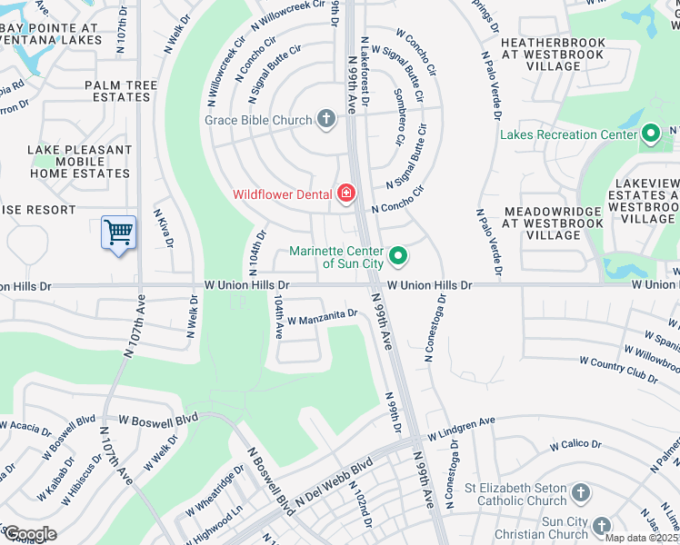 map of restaurants, bars, coffee shops, grocery stores, and more near 10318 West Garnette Drive in Sun City