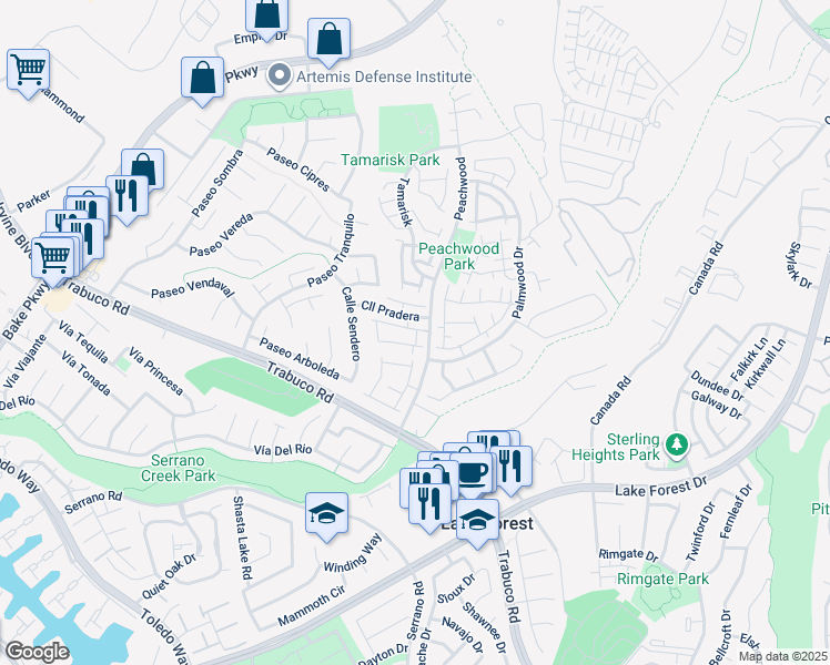 map of restaurants, bars, coffee shops, grocery stores, and more near 25262 Birch Grove Lane in Lake Forest