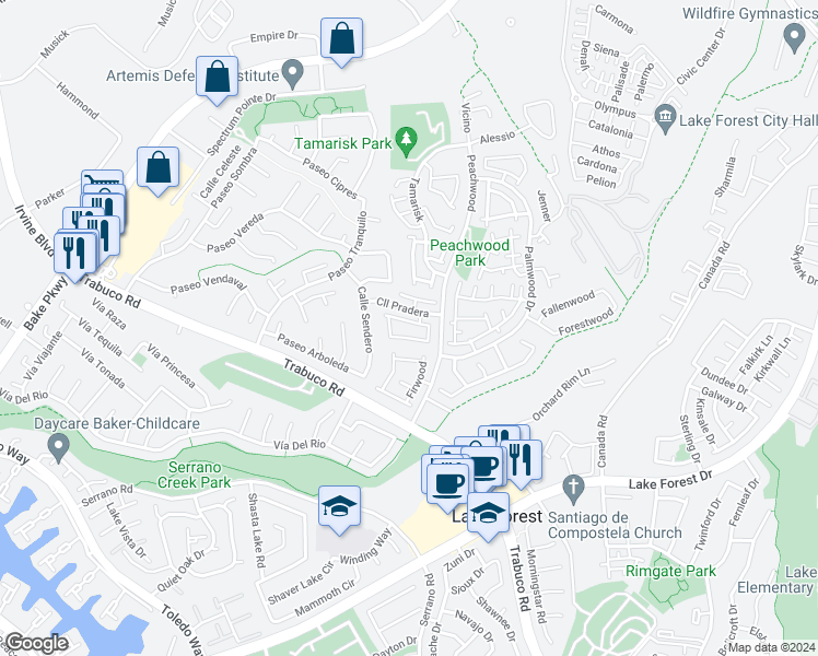 map of restaurants, bars, coffee shops, grocery stores, and more near 25194 Birch Grove Lane in Lake Forest