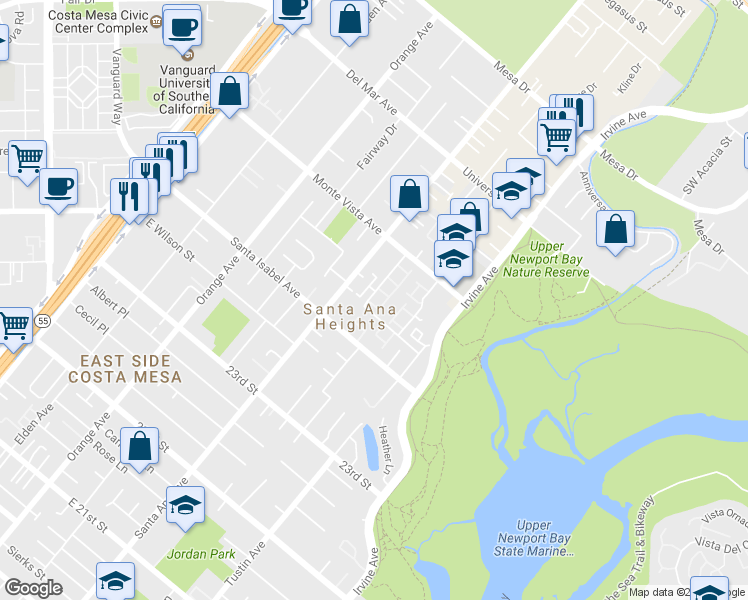map of restaurants, bars, coffee shops, grocery stores, and more near 339 Riviera Drive in Costa Mesa
