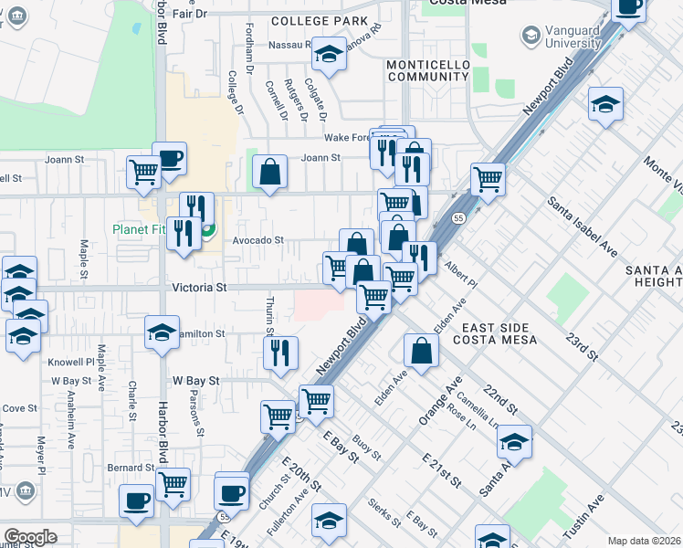 map of restaurants, bars, coffee shops, grocery stores, and more near 254 Victoria Street in Costa Mesa