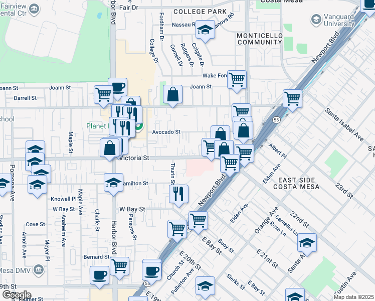 map of restaurants, bars, coffee shops, grocery stores, and more near 2144 Thurin Street in Costa Mesa