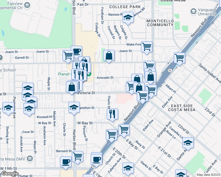 map of restaurants, bars, coffee shops, grocery stores, and more near 2144 Thurin Street in Costa Mesa