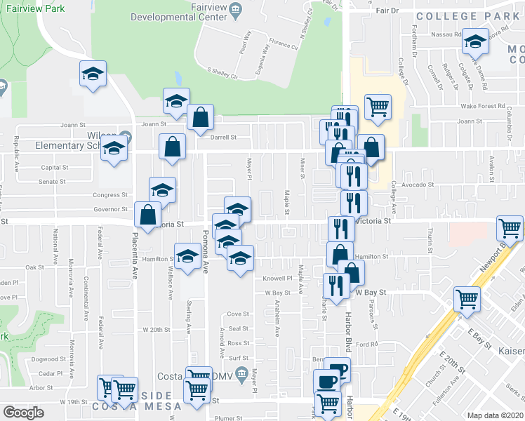 map of restaurants, bars, coffee shops, grocery stores, and more near in Costa Mesa