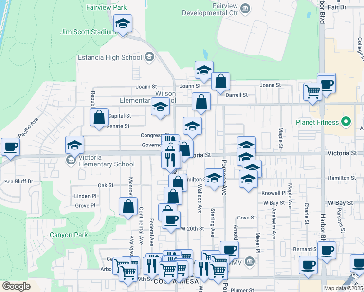 map of restaurants, bars, coffee shops, grocery stores, and more near 784 Victoria Street in Costa Mesa