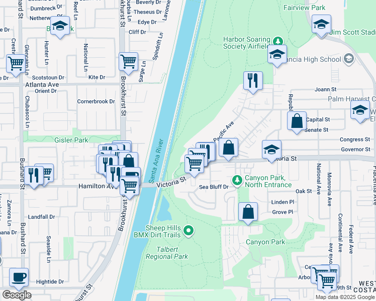 map of restaurants, bars, coffee shops, grocery stores, and more near 201 Victoria Place in Costa Mesa