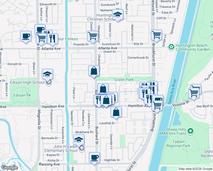 map of restaurants, bars, coffee shops, grocery stores, and more near 9622 Indian Wells Circle in Huntington Beach