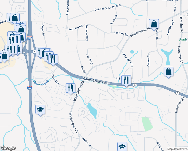 map of restaurants, bars, coffee shops, grocery stores, and more near 3747 Southland Court in East Point