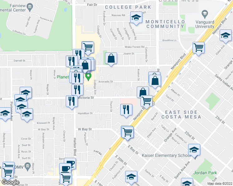 map of restaurants, bars, coffee shops, grocery stores, and more near 2144 Thurin Street in Costa Mesa