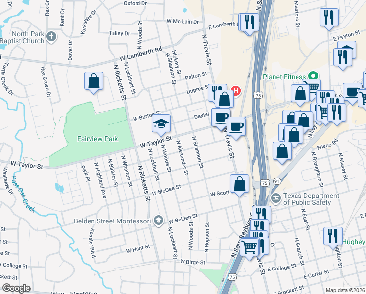 map of restaurants, bars, coffee shops, grocery stores, and more near 312 West Fairview Street in Sherman