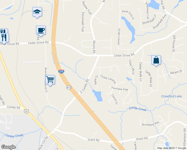 map of restaurants, bars, coffee shops, grocery stores, and more near 4221 Apple Circle in Conley