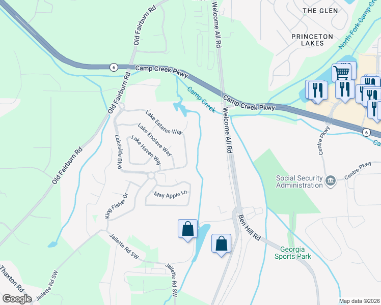 map of restaurants, bars, coffee shops, grocery stores, and more near 3653 Lake Estates Way in Atlanta