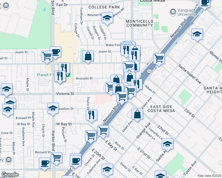 map of restaurants, bars, coffee shops, grocery stores, and more near 260 Victoria Street in Costa Mesa