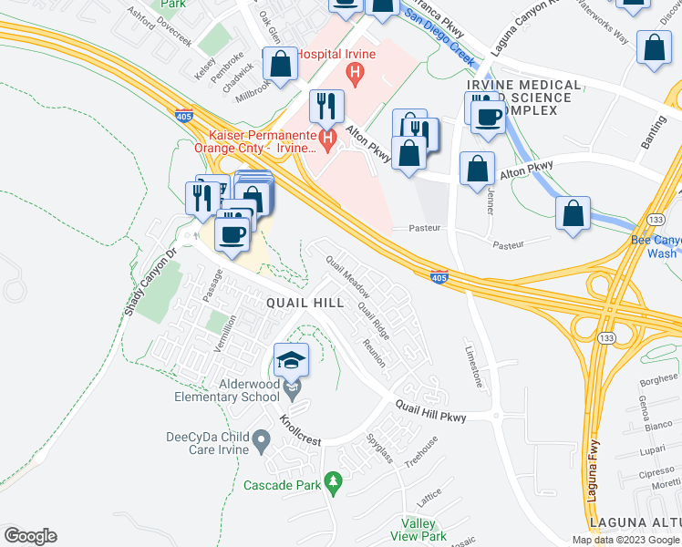 map of restaurants, bars, coffee shops, grocery stores, and more near 310 Quail Meadow in Irvine