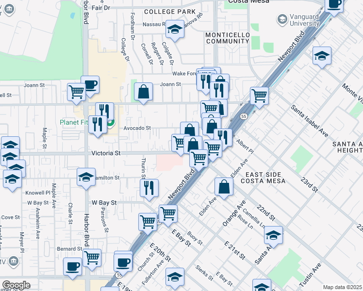 map of restaurants, bars, coffee shops, grocery stores, and more near 254 Victoria Street in Costa Mesa