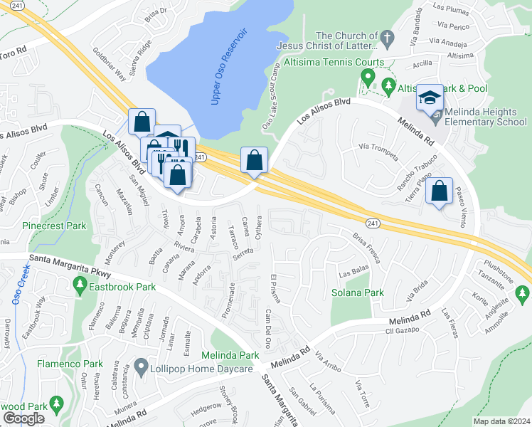 map of restaurants, bars, coffee shops, grocery stores, and more near 9 Calle Alamitos in Rancho Santa Margarita