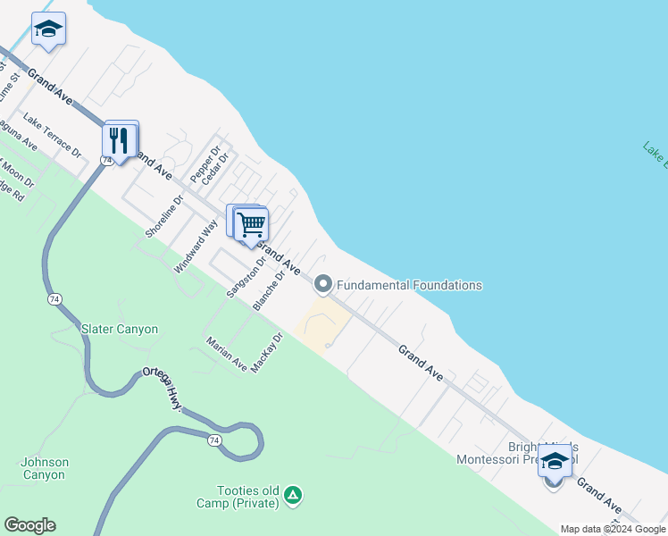 map of restaurants, bars, coffee shops, grocery stores, and more near in Lake Elsinore