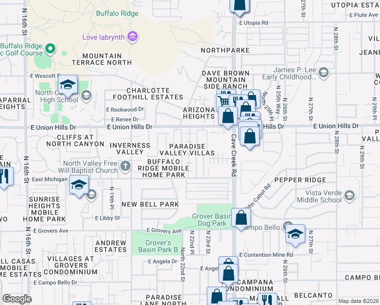 map of restaurants, bars, coffee shops, grocery stores, and more near 2221 East Union Hills Drive in Phoenix