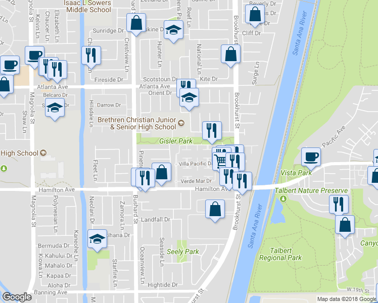 map of restaurants, bars, coffee shops, grocery stores, and more near 9736 Monte Carlo Circle in Huntington Beach