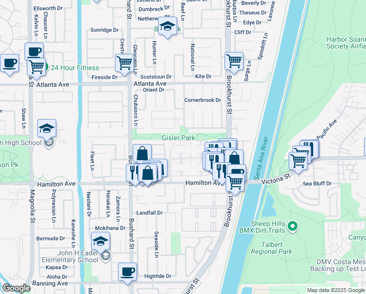 map of restaurants, bars, coffee shops, grocery stores, and more near 9736 Monte Carlo Circle in Huntington Beach