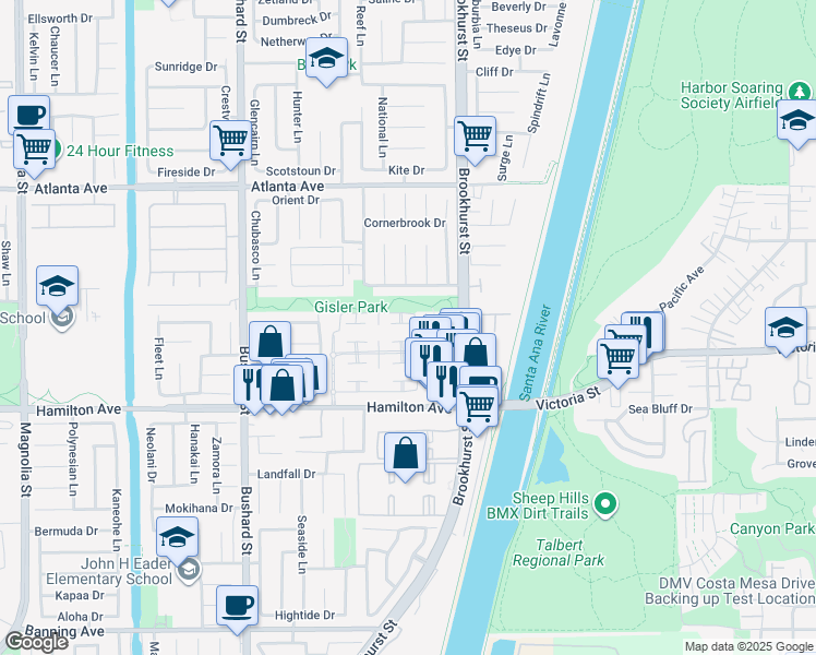 map of restaurants, bars, coffee shops, grocery stores, and more near 9852 Coral Cove Circle in Huntington Beach