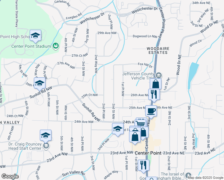 map of restaurants, bars, coffee shops, grocery stores, and more near 2521 2nd Place Northwest in Center Point