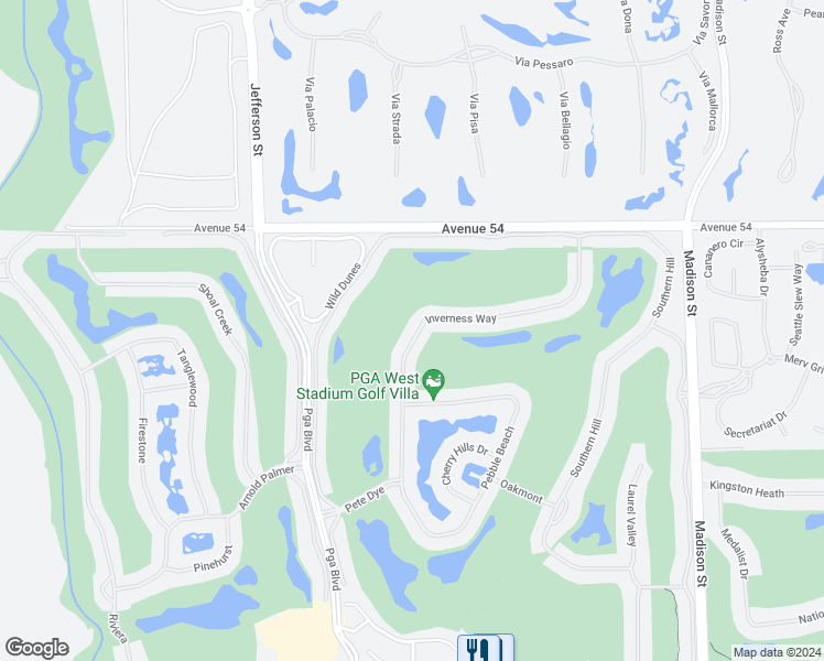 map of restaurants, bars, coffee shops, grocery stores, and more near 54801 Inverness Way in La Quinta