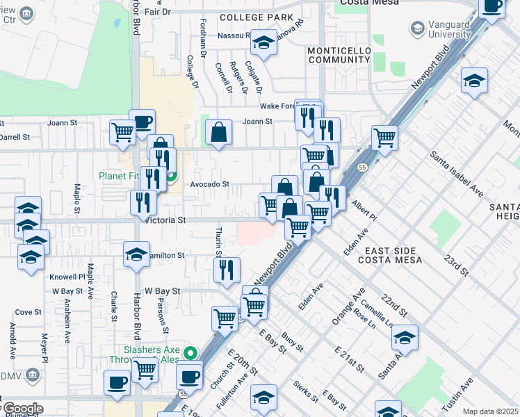map of restaurants, bars, coffee shops, grocery stores, and more near 290 Victoria Street in Costa Mesa