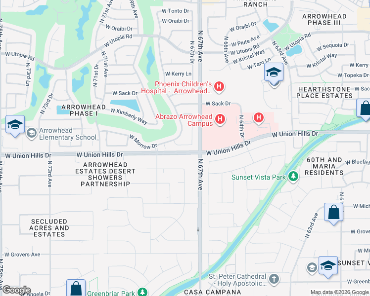 map of restaurants, bars, coffee shops, grocery stores, and more near 6725 West Union Hills Drive in Glendale