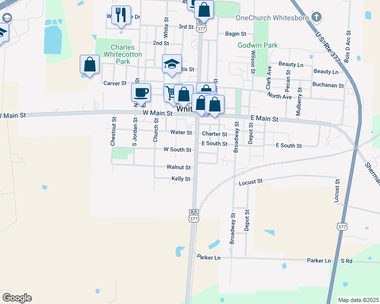 map of restaurants, bars, coffee shops, grocery stores, and more near 104 West South Street in Whitesboro