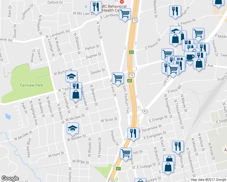 map of restaurants, bars, coffee shops, grocery stores, and more near 1718 North Travis Street in Sherman