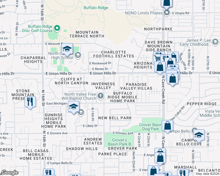 map of restaurants, bars, coffee shops, grocery stores, and more near 2029 East Bluefield Avenue in Phoenix