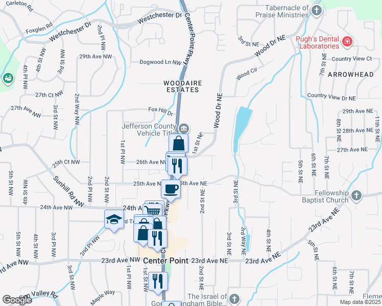 map of restaurants, bars, coffee shops, grocery stores, and more near 24 26th Avenue Northeast in Center Point