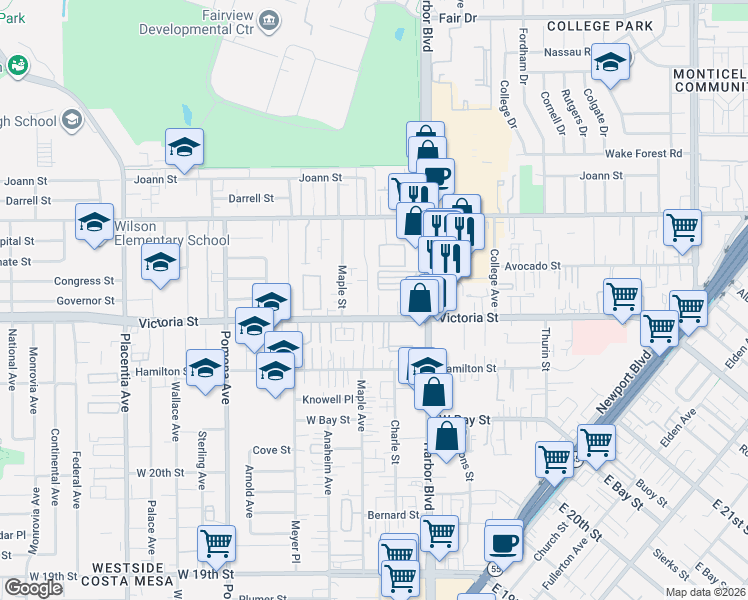 map of restaurants, bars, coffee shops, grocery stores, and more near 2162 Miner Street in Costa Mesa