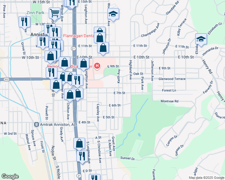 map of restaurants, bars, coffee shops, grocery stores, and more near 702 Knox Avenue in Anniston