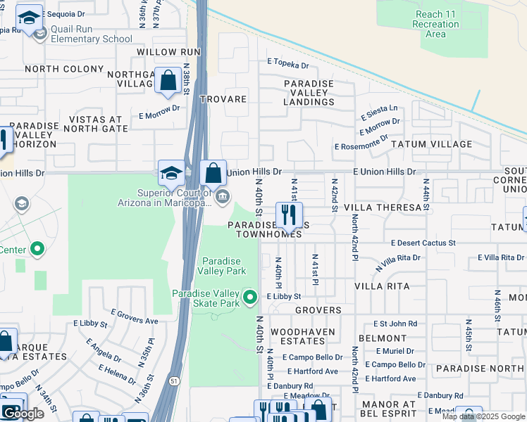 map of restaurants, bars, coffee shops, grocery stores, and more near 18239 North 40th Street in Phoenix