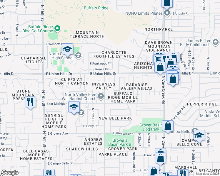 map of restaurants, bars, coffee shops, grocery stores, and more near 2029 East Bluefield Avenue in Phoenix